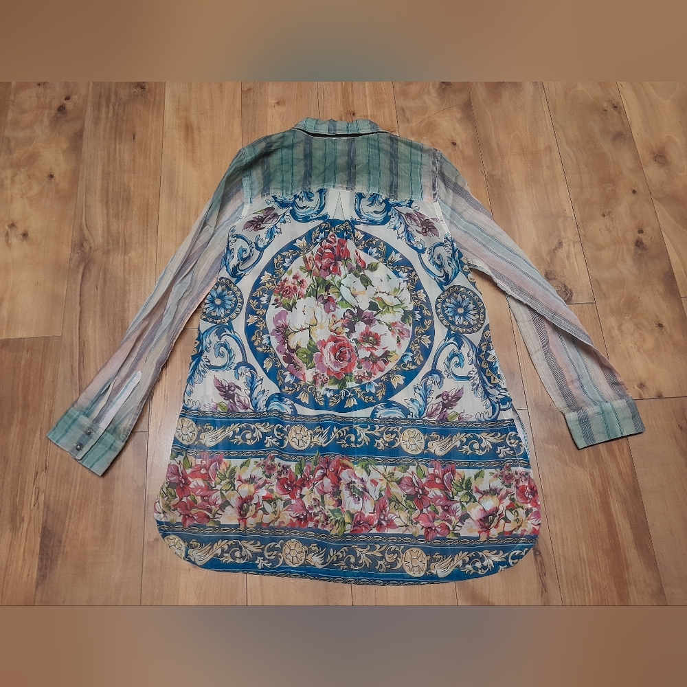Aratta Silent Journey Faded Memories Shirt M Striped Floral Silk Blend Boho